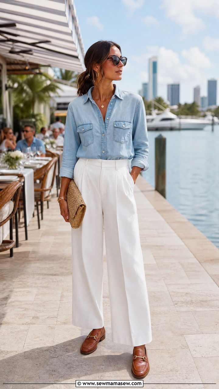 Denim Shirt and White Wide Leg Pants Miami Brunch Outfit - 35 Miami brunch outfit ideas