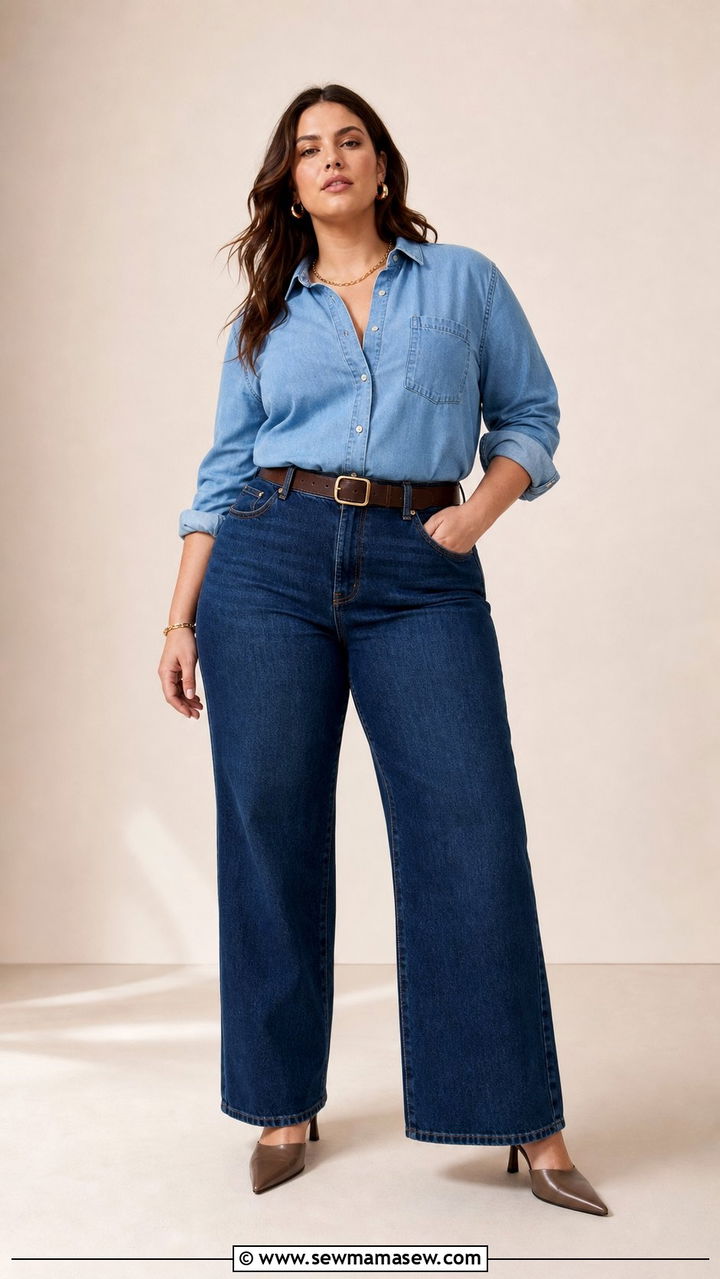 Denim Shirt and Wide Leg Jeans - 25 Double denim outfit ideas plus size