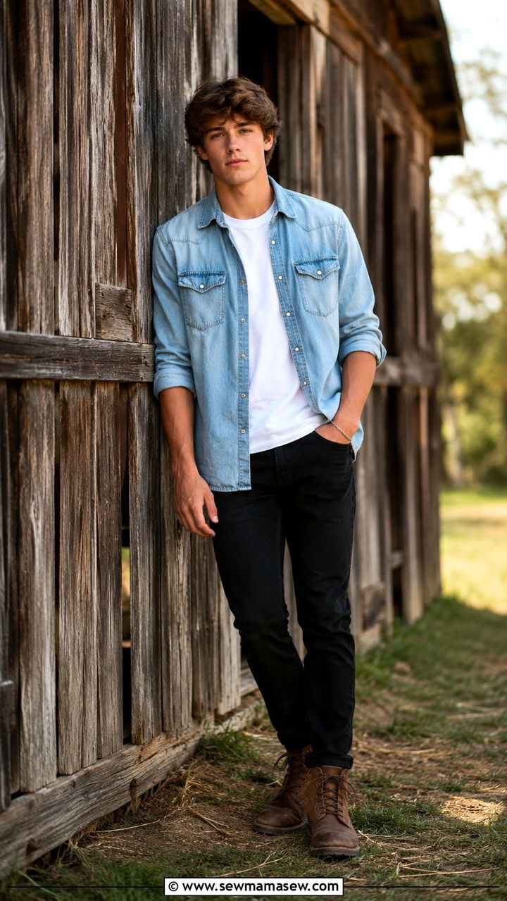 Denim Shirt with Black Jeans and Brown Boots - 30 Senior photo outfit ideas for guys