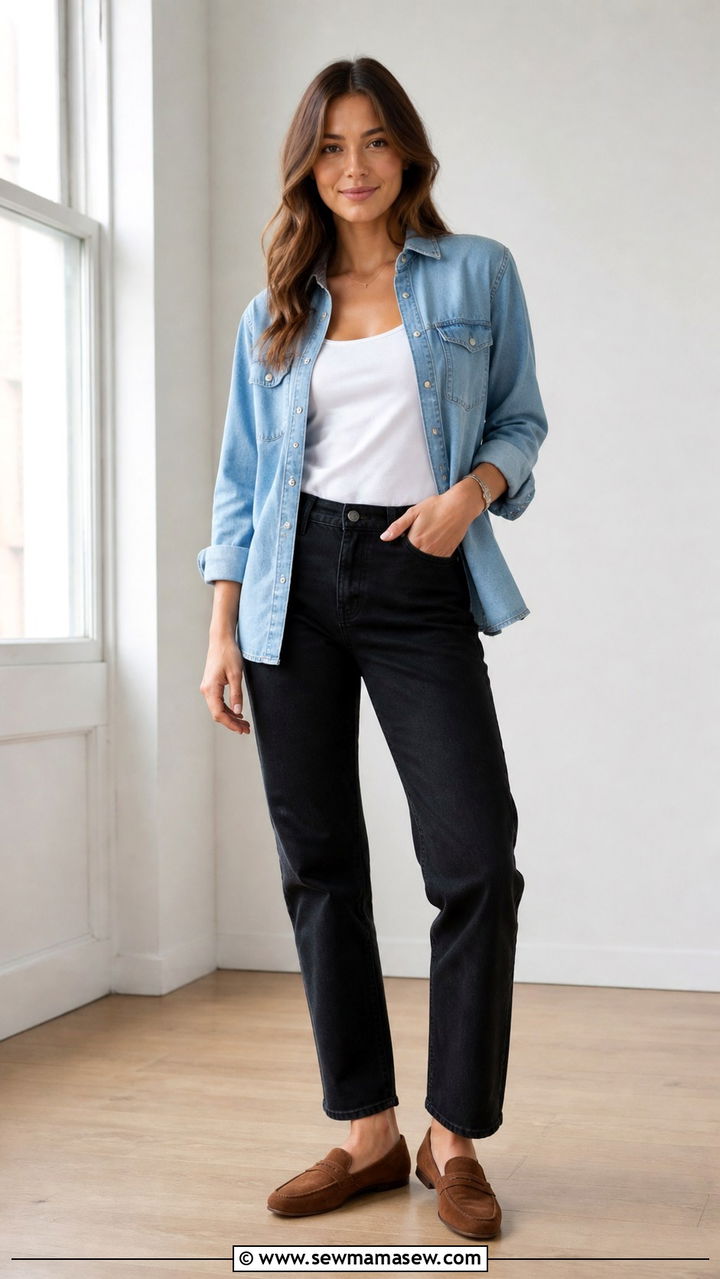 Denim Shirt with Black Jeans and Suede Loafers - 40 casual jeans outfits
