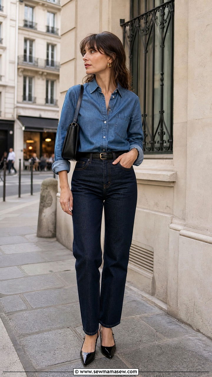 Denim Shirt with Dark Wash Jeans and Slingback Heels - 30 French girl outfit ideas minimalist