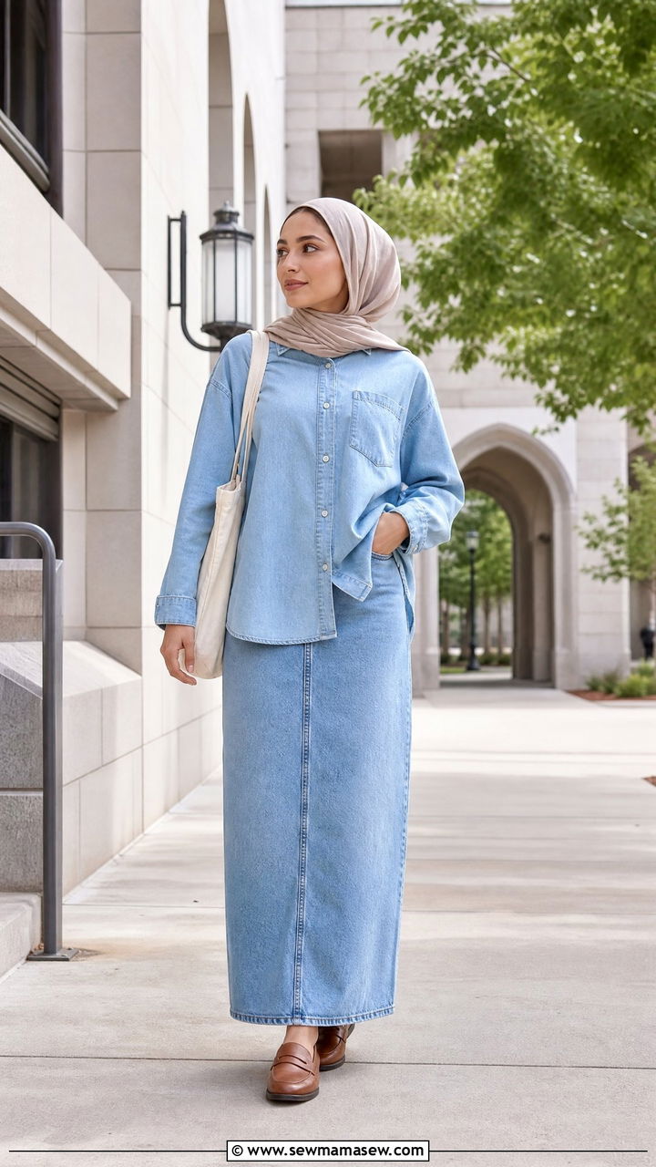 Denim Shirt with Denim Skirt and Loafers - 25 casual outfits for hijab women