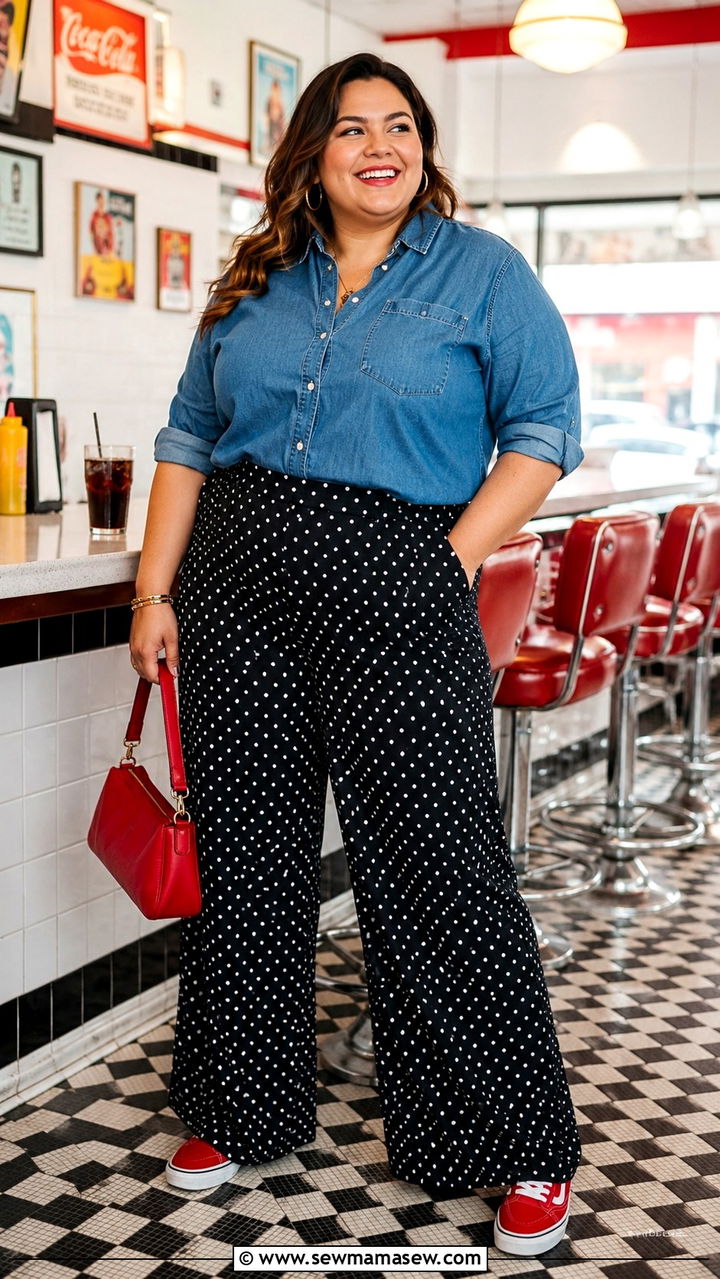 Denim Shirt with Polka Dot Pants - 30 Plus size brunch outfits