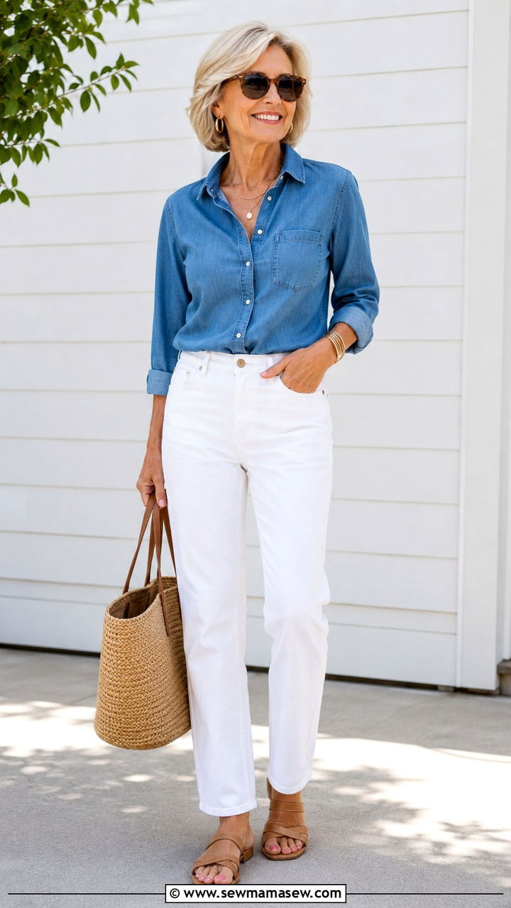 Denim Shirt with White Jeans Outfit - 30 Trendy outfits for women over 50