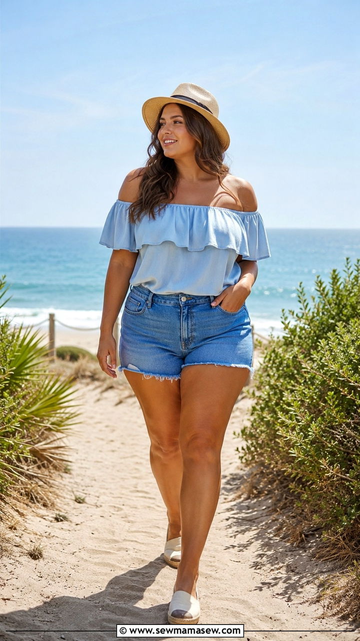 Denim Shorts And An Off The Shoulder Top - 25 Plus size outfit ideas for 18-20