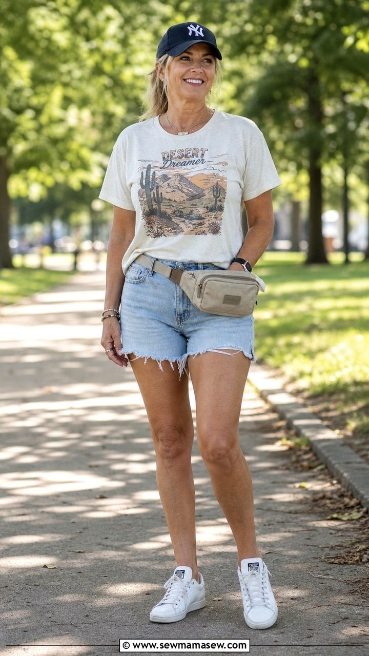 Denim Shorts And Graphic Tee Outfit - 20 denim shorts outfits for women over 40