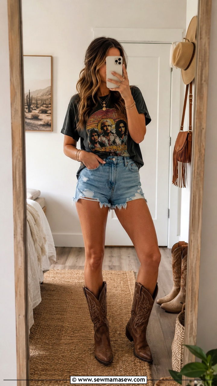 Denim Shorts And Graphic Tee With Cowboy Boots - 30 How to style cowboy boots in summer
