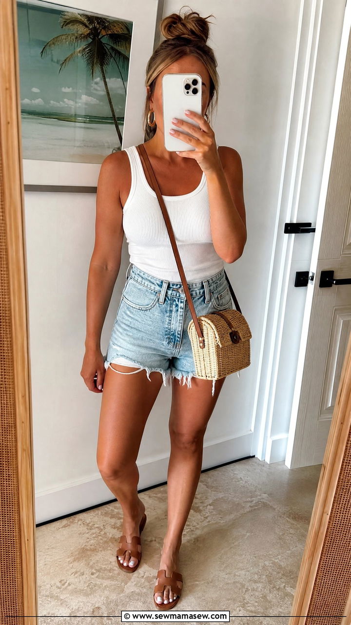 Denim Shorts And White Tank Top - 35 Big Island outfit ideas