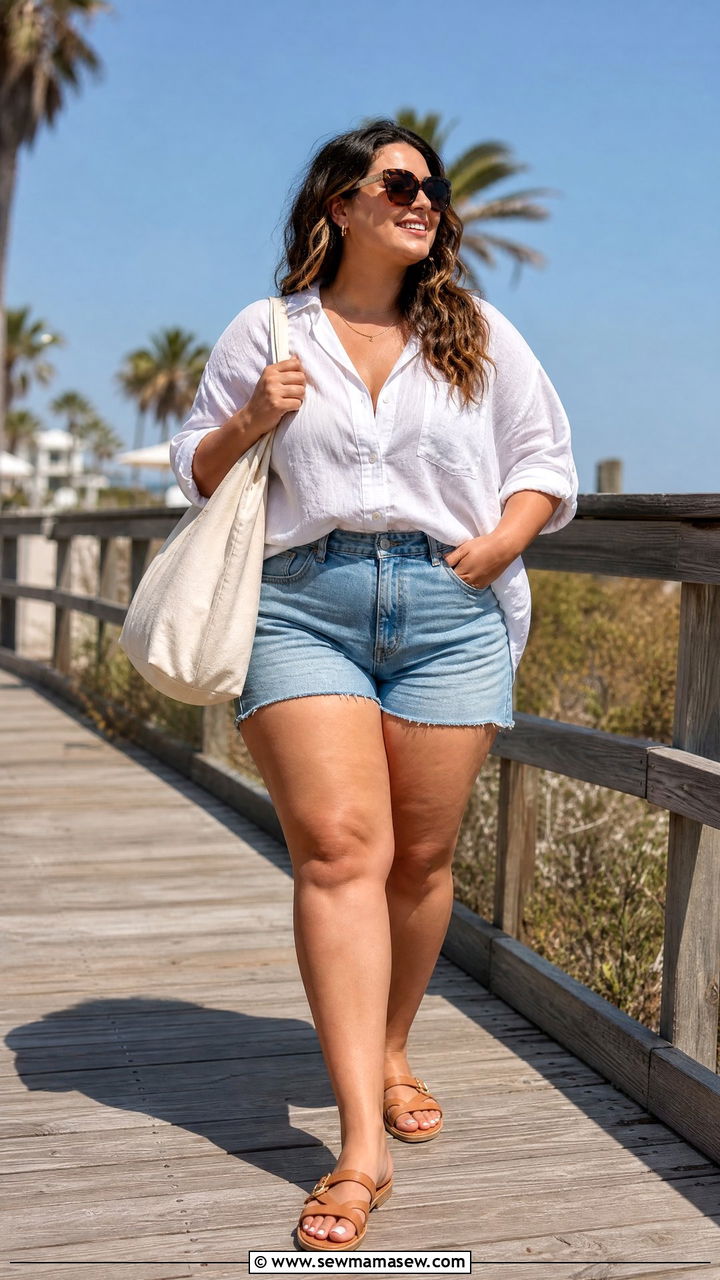 Denim Shorts With Button Up Shirt - 30 curvy outfit ideas for women