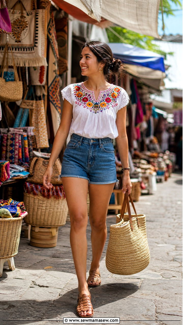 Denim Shorts With Embroidered Blouse Mexico Market Outfit - 35 Mexico vacation outfits