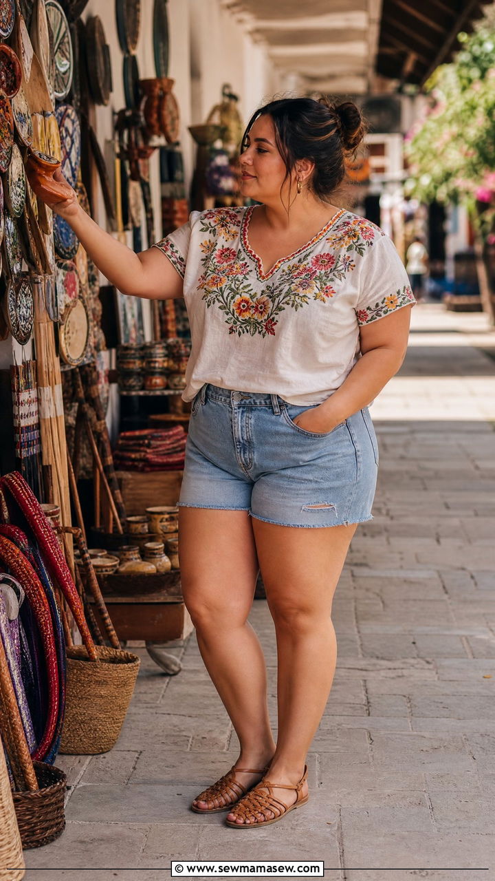 Denim Shorts With Embroidered Blouse - 35 Mexico spring outfit ideas