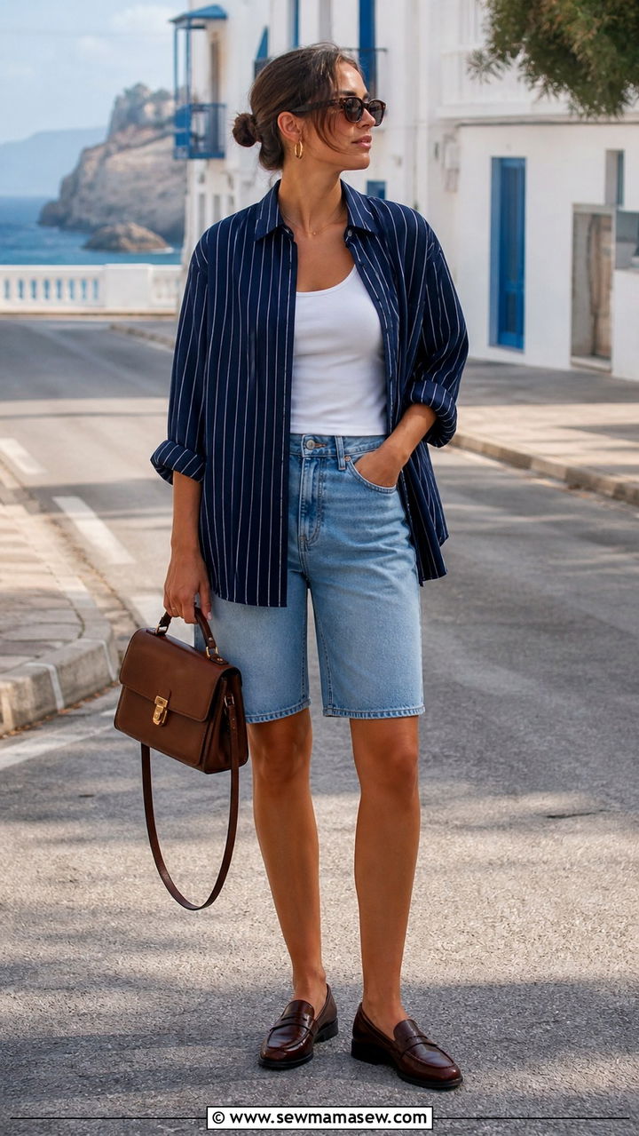 Denim Shorts With Off Shoulder Top and Wedges - 40 casual denim shorts outfits
