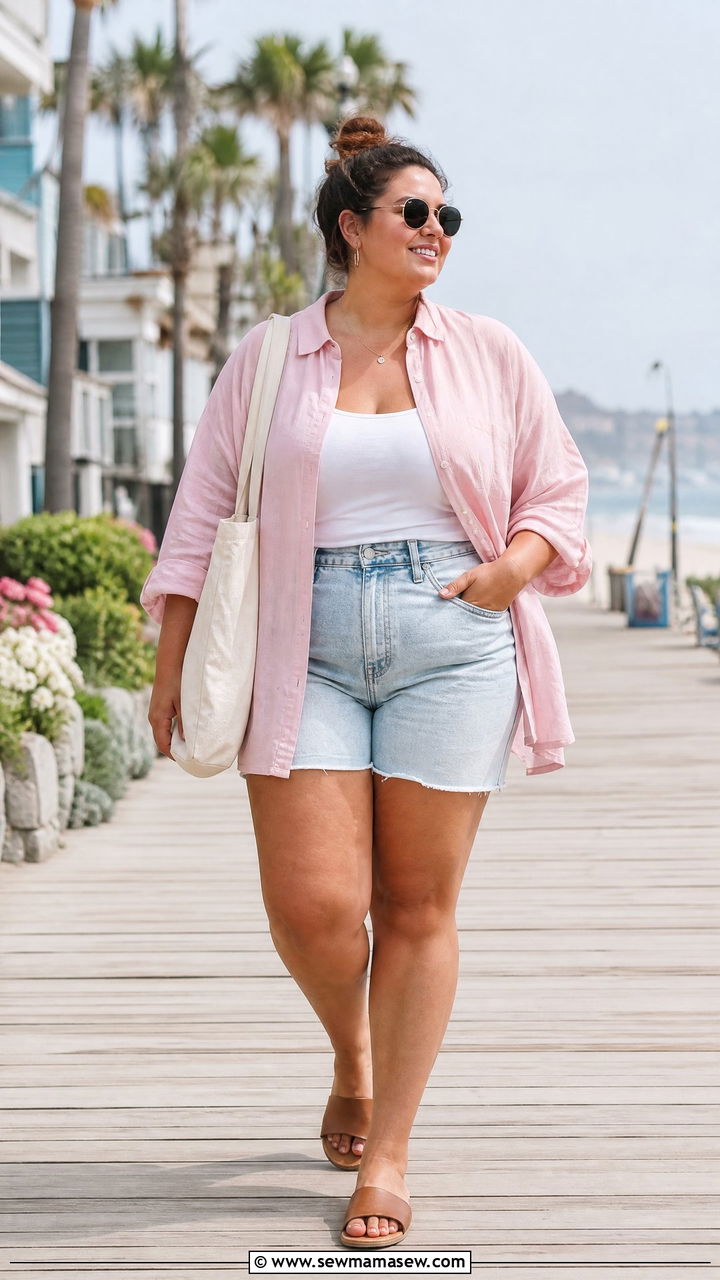 Denim Shorts With Oversized Linen Button Down - 30 summer outfits for plus size women