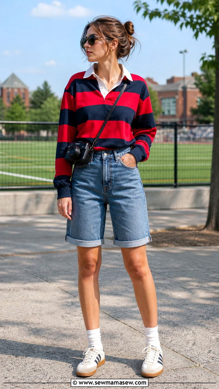 Denim Shorts With Rugby Shirt and Retro Sneakers - 40 casual denim shorts outfits