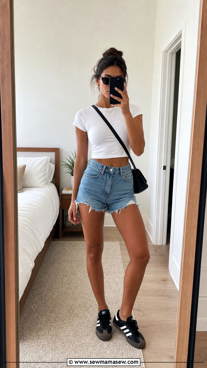 Denim Shorts and Crop Top with Black Adidas Sambas - 25 summer outfits with adidas sambas