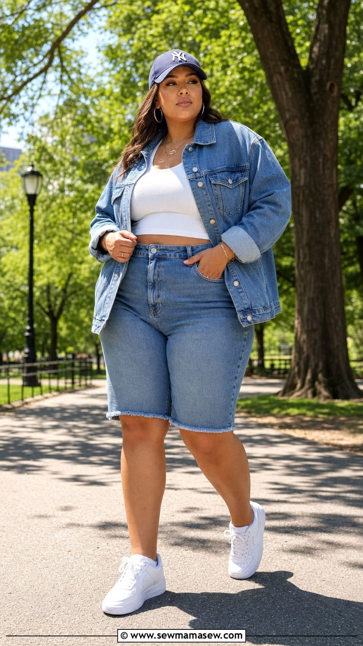 Denim Shorts and Denim Jacket Summer Outfit - 25 Double denim outfit ideas plus size