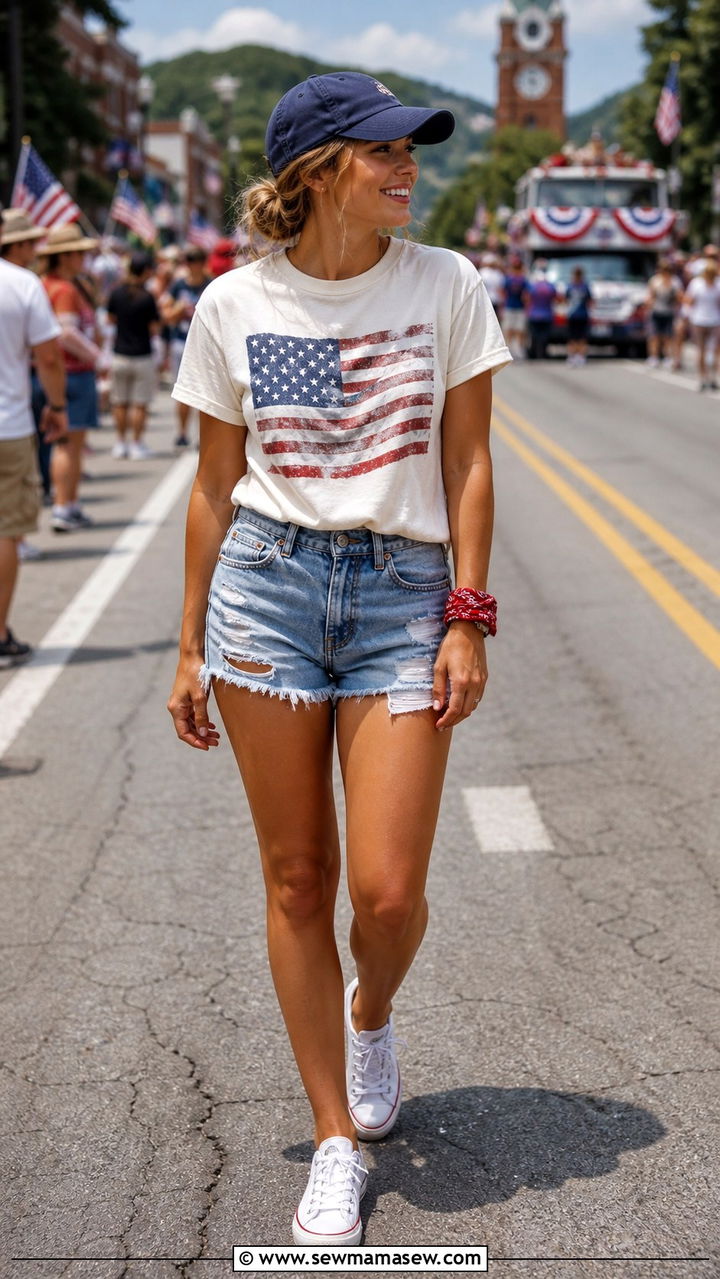 Denim Shorts and Flag Print Tee Outfit - 40 Memorial Day outfit ideas