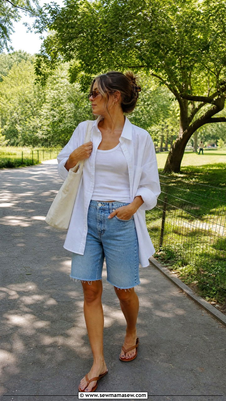 Denim Shorts and Oversized Button Down Shirt - 40 summer outfit ideas for women