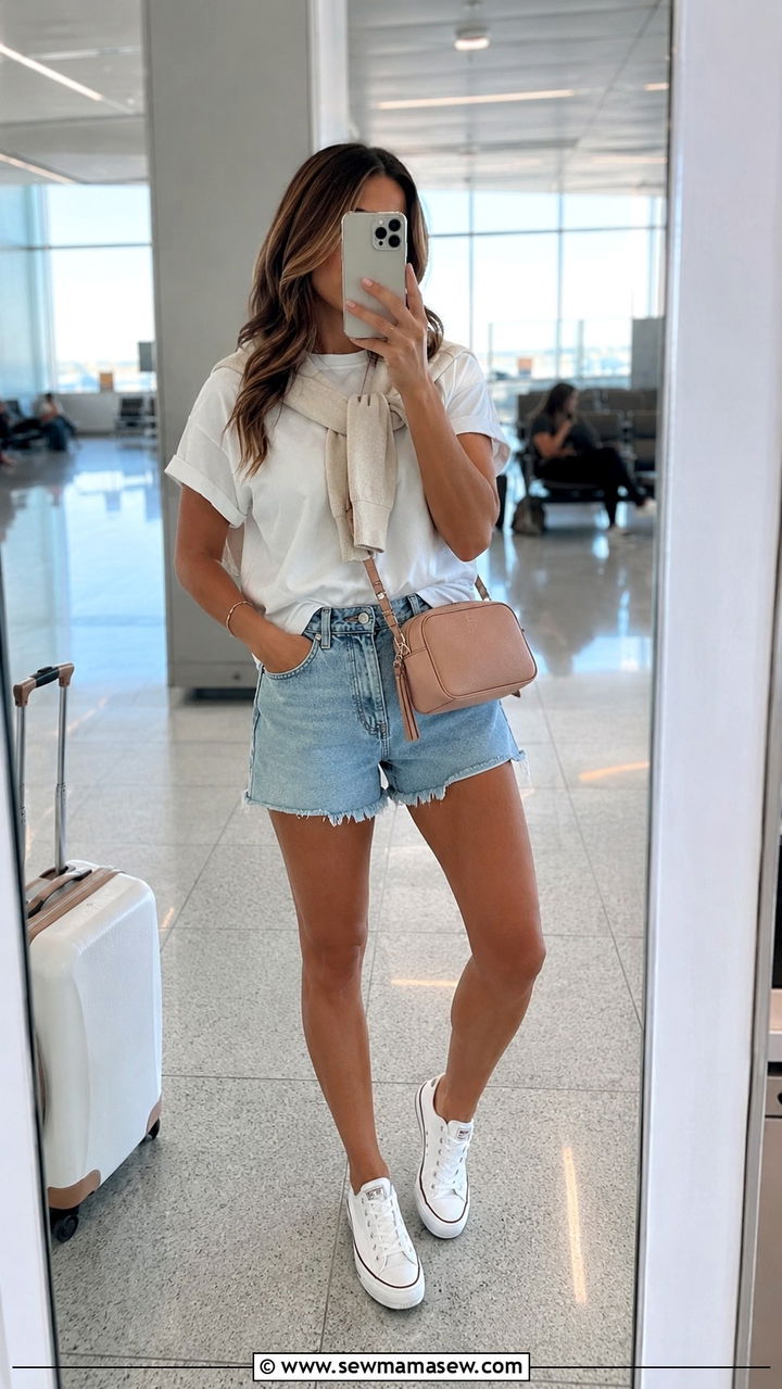 Denim Shorts and White Tee Airport Outfit - 25 Airport outfit ideas for warm destination