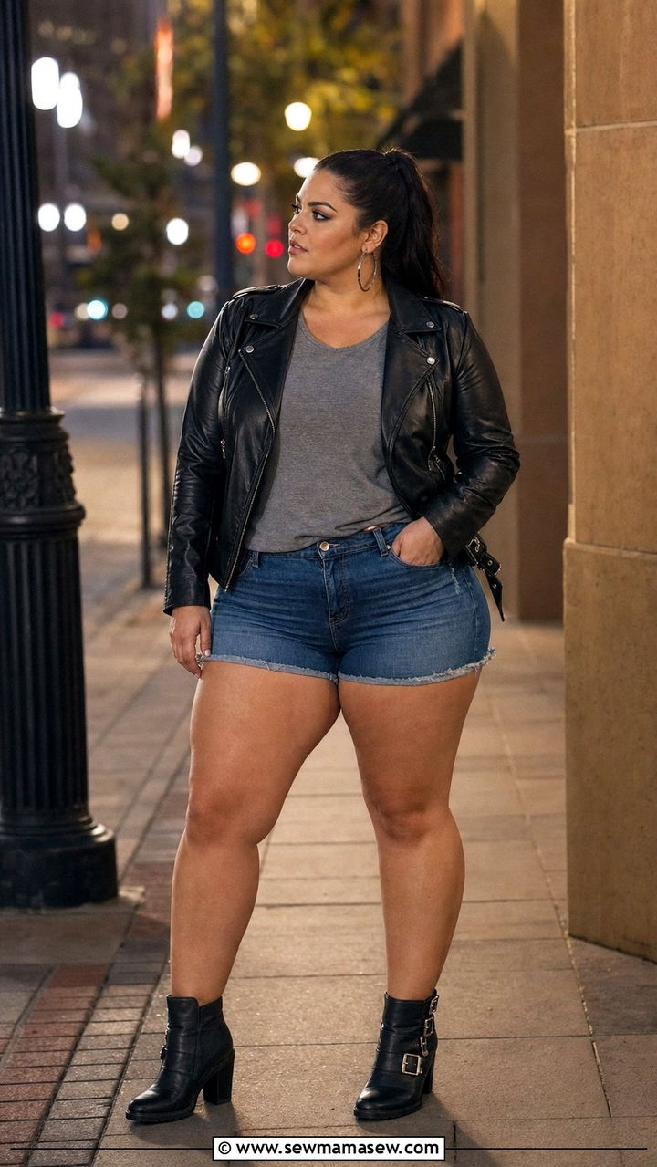 Denim Shorts with Leather Moto Jacket - 25 Denim shorts outfit ideas plus size