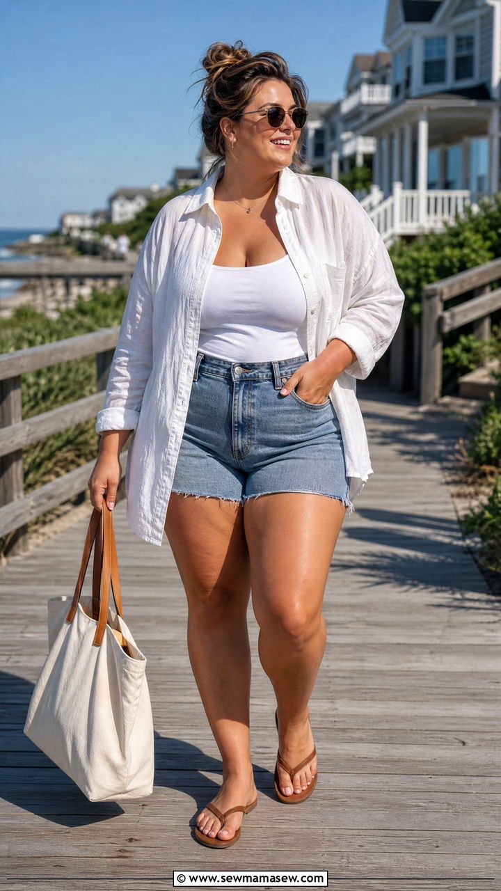 Denim Shorts with Oversized Linen Shirt - 30 Summer outfits for plus size