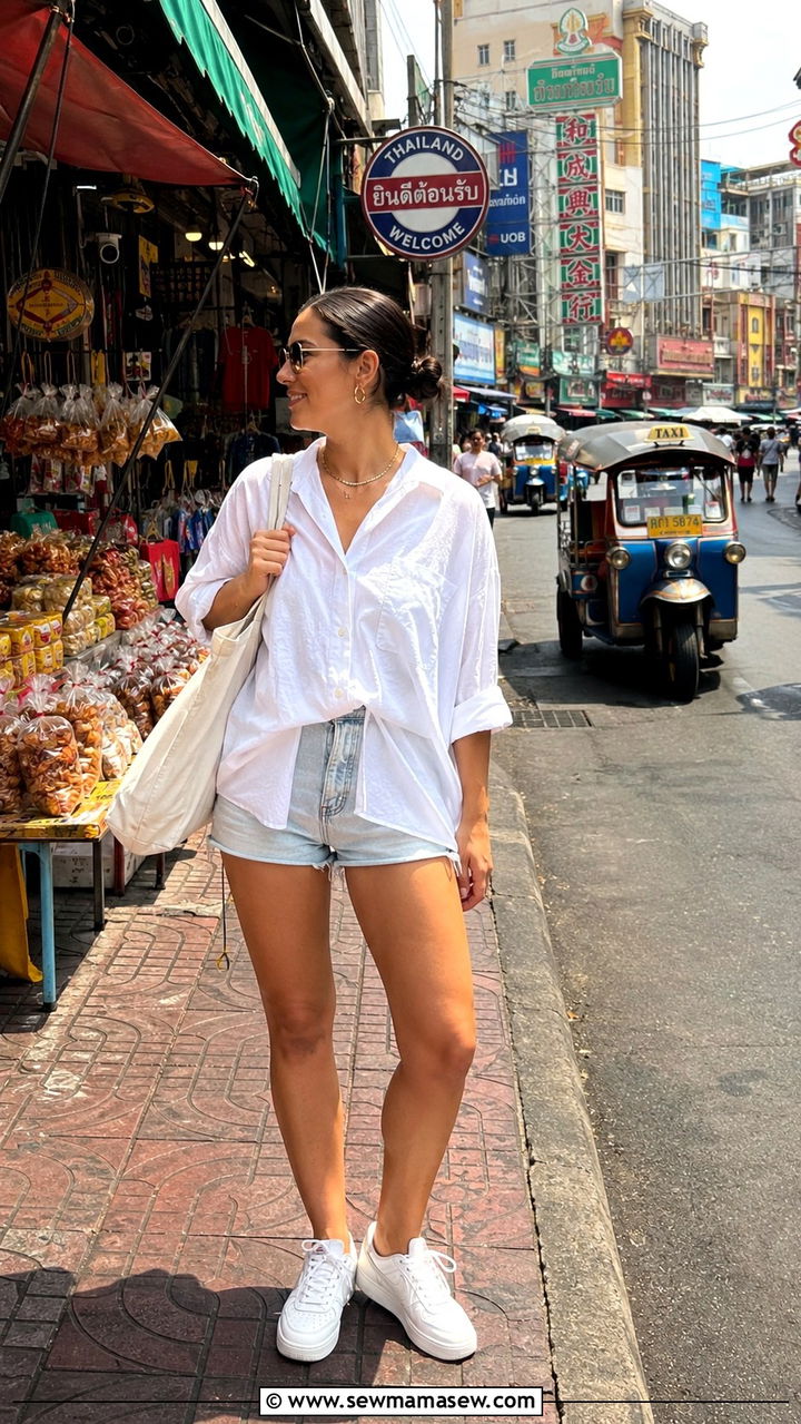 Denim Shorts with Oversized White Cotton Shirt - 25 Bangkok outfit ideas