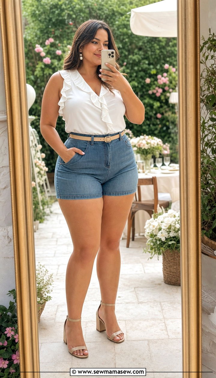 Denim Shorts with Ruffled Sleeveless Blouse - 25 Denim shorts outfit ideas plus size