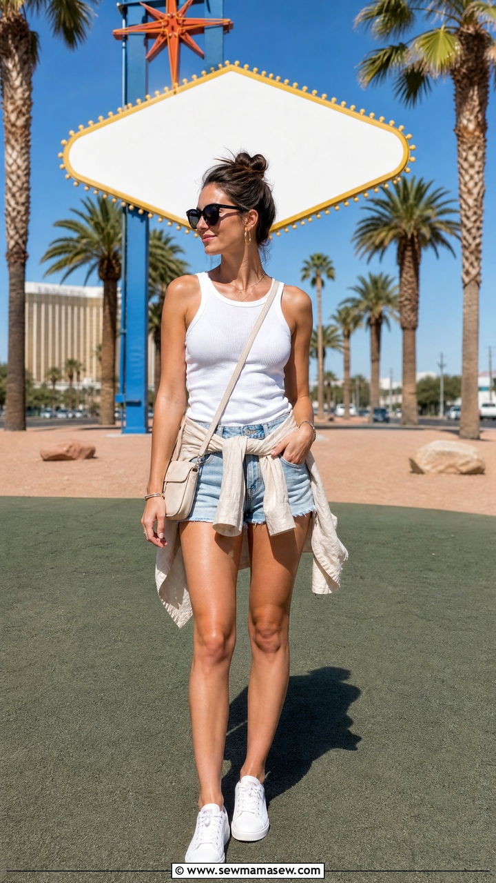 Denim Shorts with White Tank and Sneakers - 40 Las Vegas outfit ideas