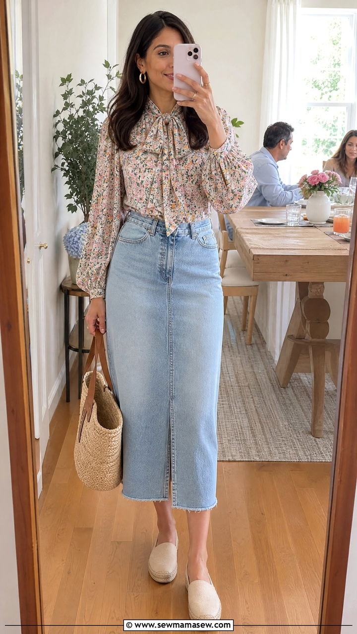 Denim Skirt And Floral Blouse - 30 Mother's Day brunch outfit ideas