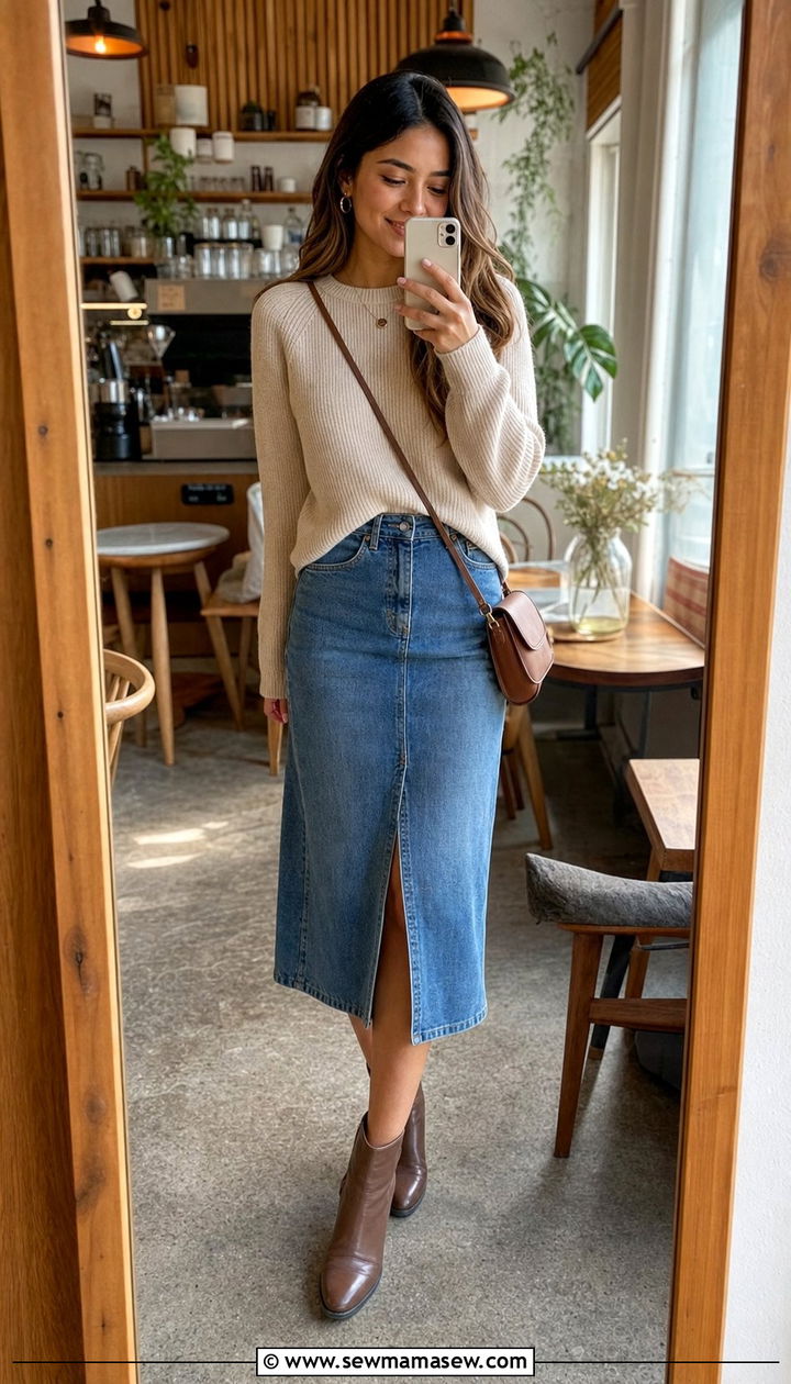 Denim Skirt And Knit Sweater Brunch Petite Look - 35 Brunch outfits for petite women