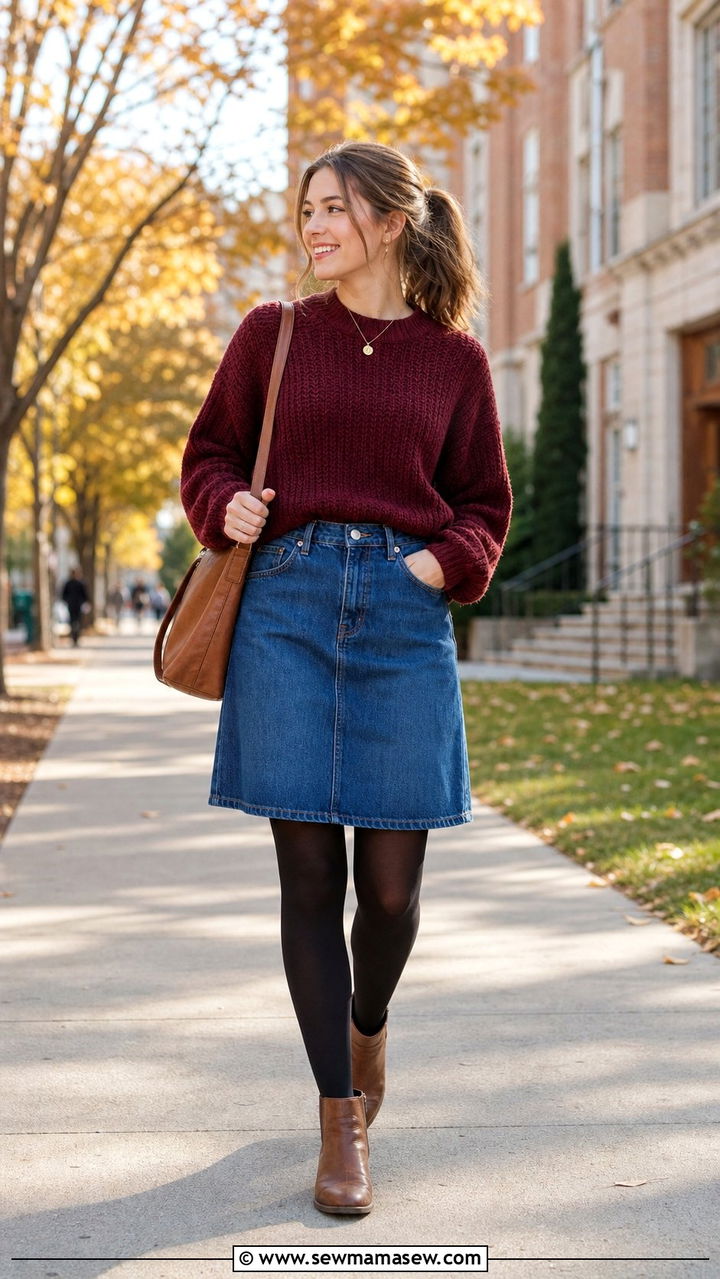 Denim Skirt And Knit Sweater College Outfit - 25 College outfit ideas modest