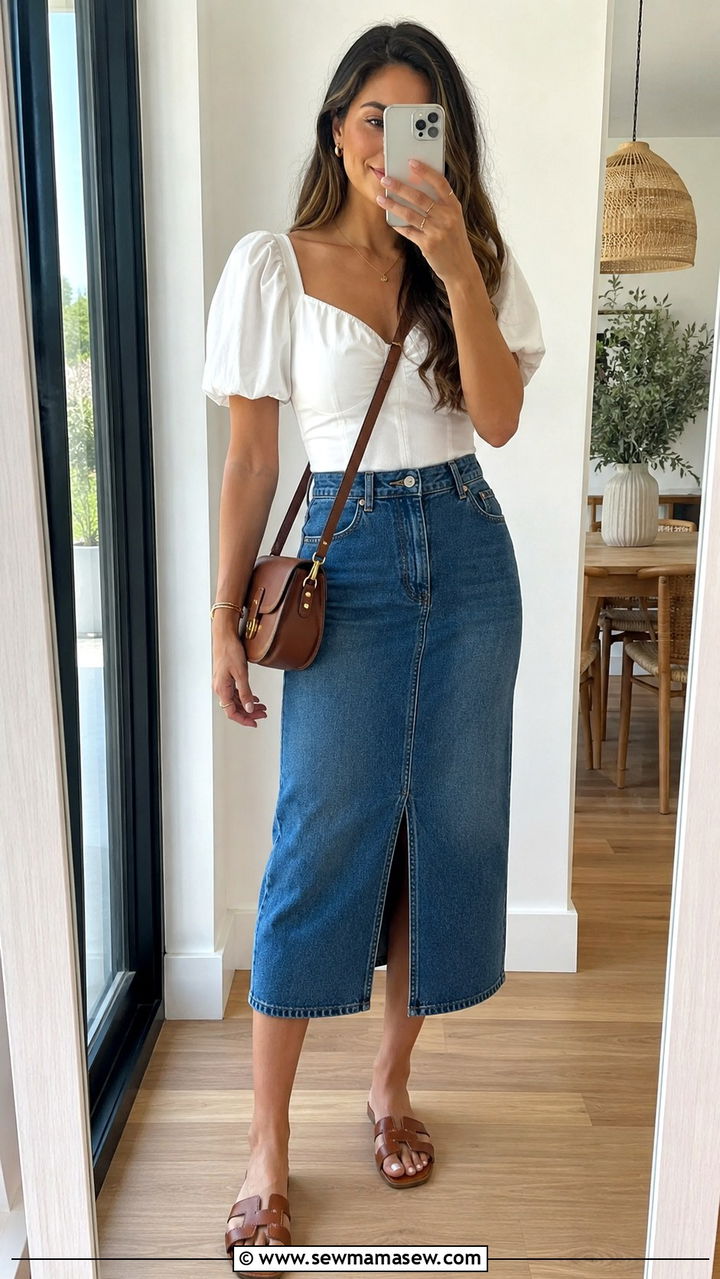Denim Skirt And Puff Sleeve Top Brunch Outfit - 30 brunch outfit ideas for women