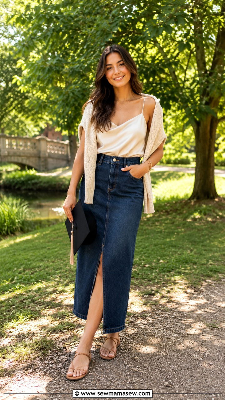 Denim Skirt And Silk Camisole Outfit - 30 casual graduation outfits