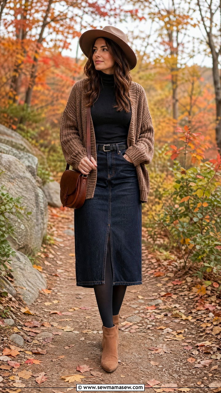 Denim Skirt Fall Layered Outfit - 35 denim skirt outfit ideas for women