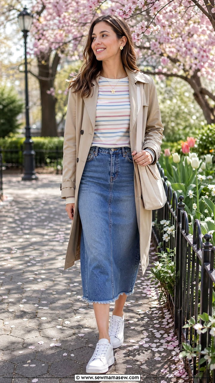 Denim Skirt Spring Transitional Outfit - 35 denim skirt outfit ideas for women