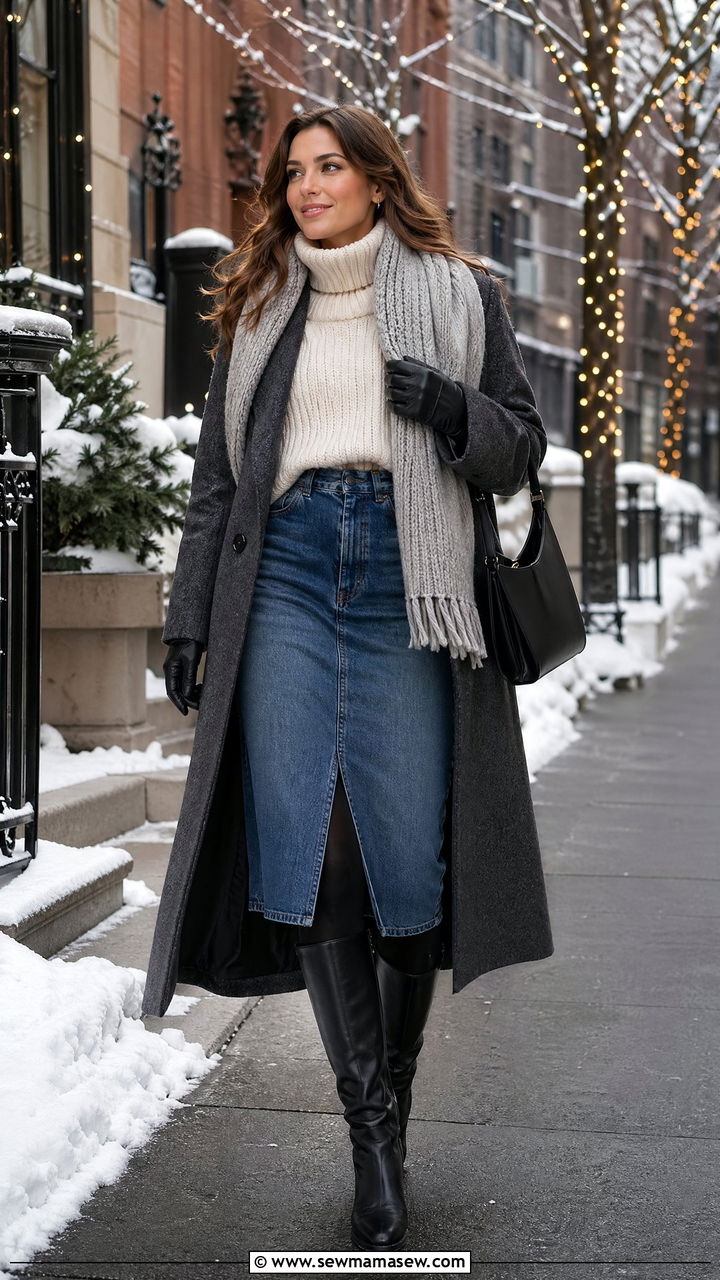 Denim Skirt Winter Outfit with Tights - 35 denim skirt outfit ideas for women