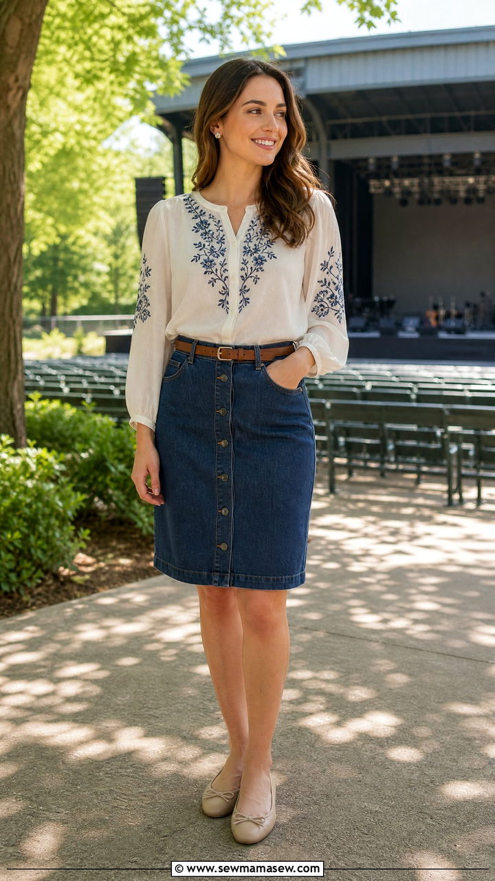 Denim Skirt With Blouse - 30 modest concert outfit ideas