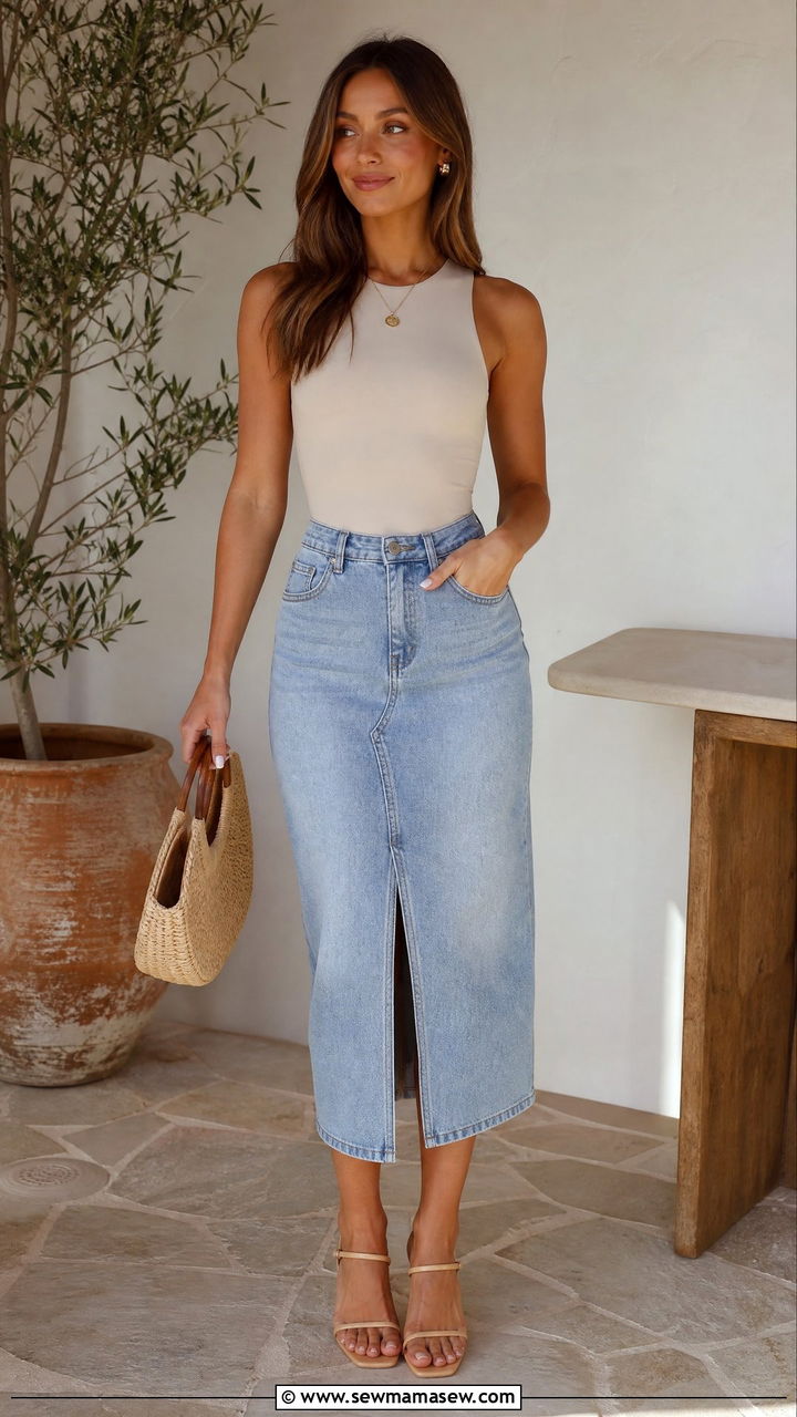 Denim Skirt With Bodysuit and Heeled Sandals - 30 Denim skirt outfit ideas for summer