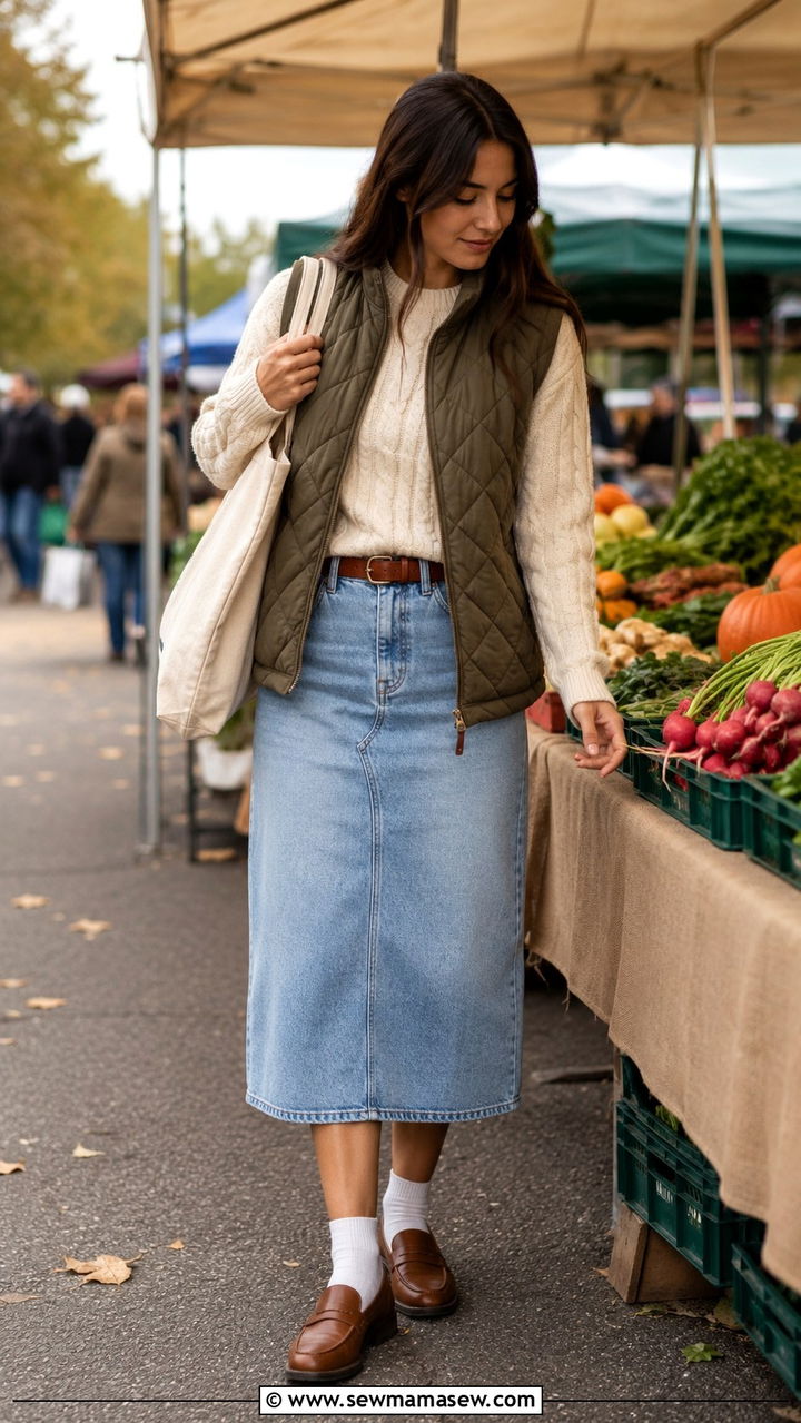 Denim Skirt With Cable Knit Sweater and Loafers - 30 Denim skirt outfit ideas with a sweater