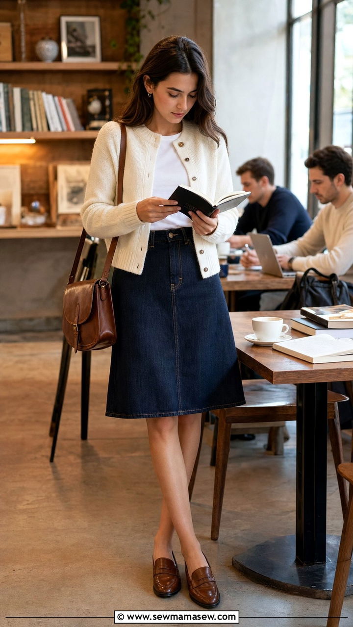 Denim Skirt With Cardigan And Loafers Outfit - 25 denim skirt outfits aesthetic