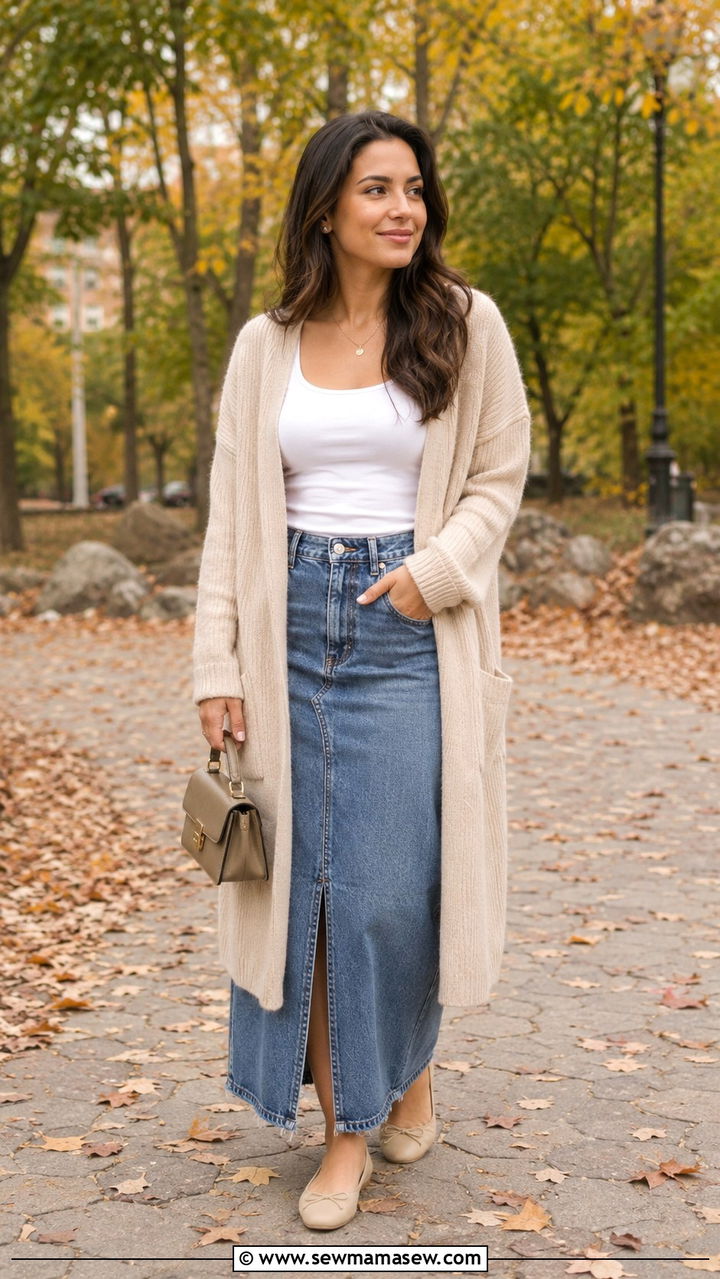 Denim Skirt With Cardigan Sweater and Ballet Flats - 30 Denim skirt outfit ideas with a sweater