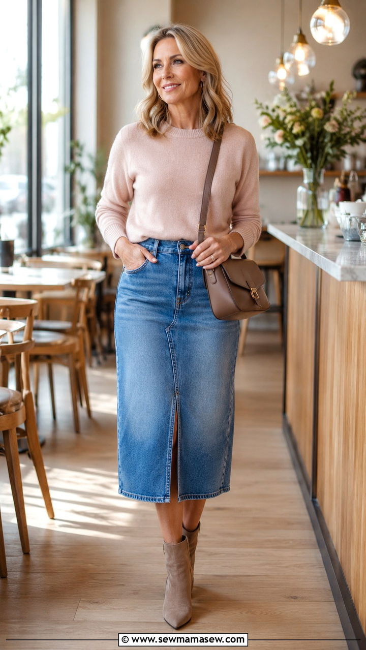 Denim Skirt With Cashmere Sweater And Ankle Boots - 20 denim skirt outfits for women over 40