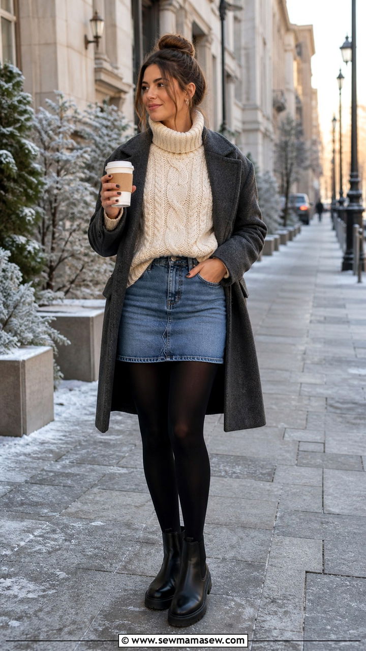 Denim Skirt With Chunky Knit and Opaque Tights - 40 cute denim skirt outfits