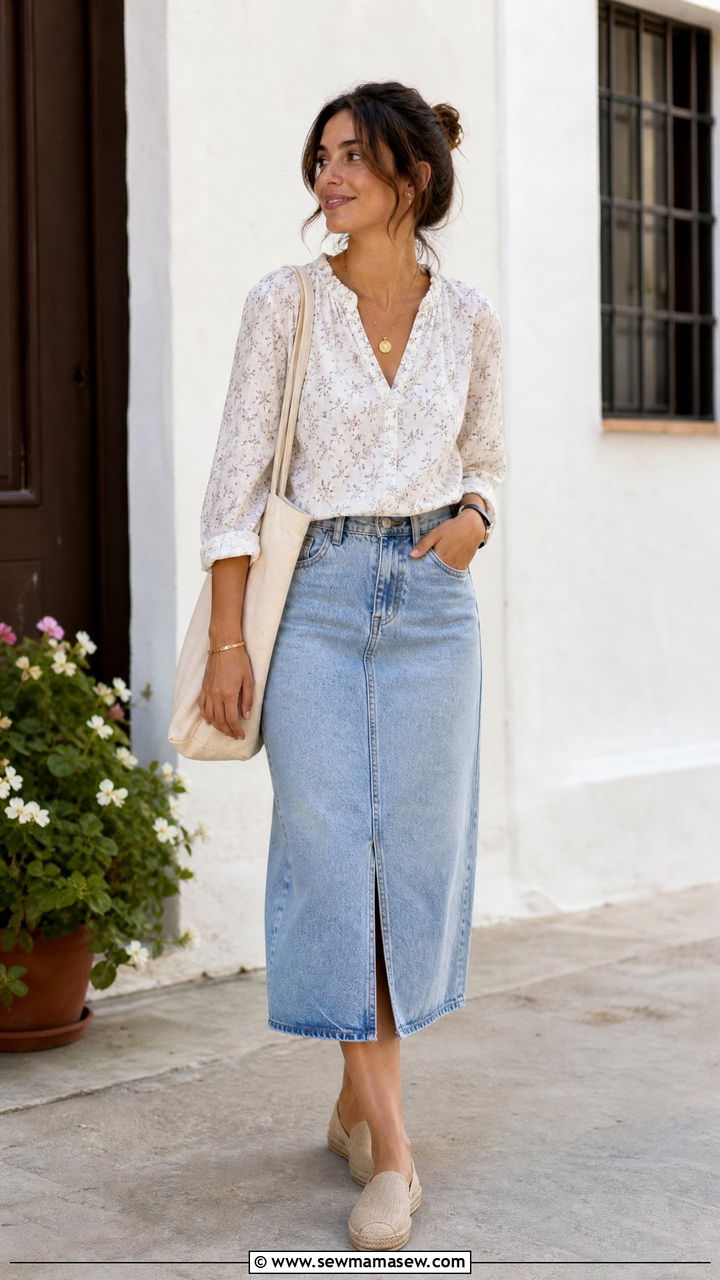 Denim Skirt With Cotton Blouse - 30 Summer capsule wardrobe modest