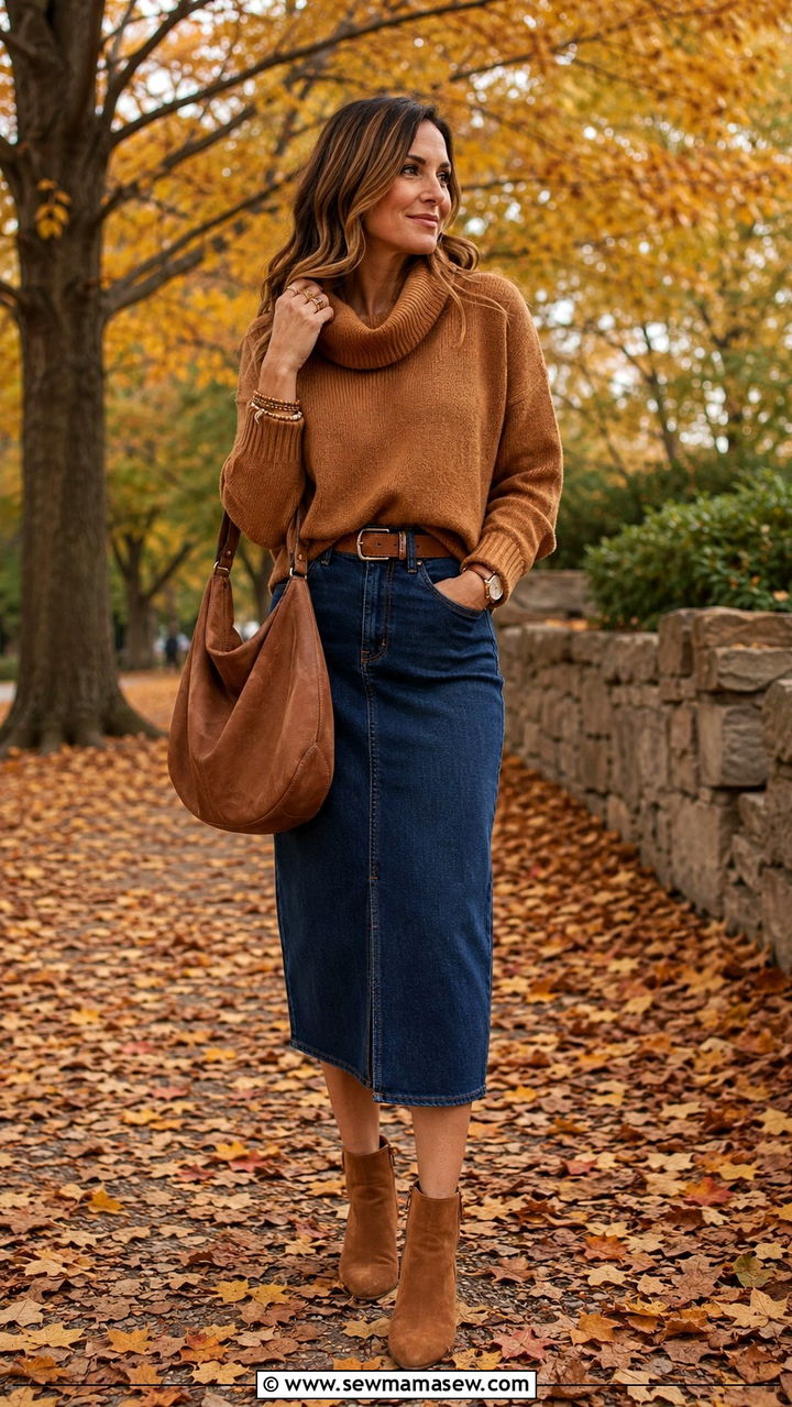 Denim Skirt With Cowl Neck Sweater and Suede Ankle Boots - 30 Denim skirt outfit ideas with a sweater