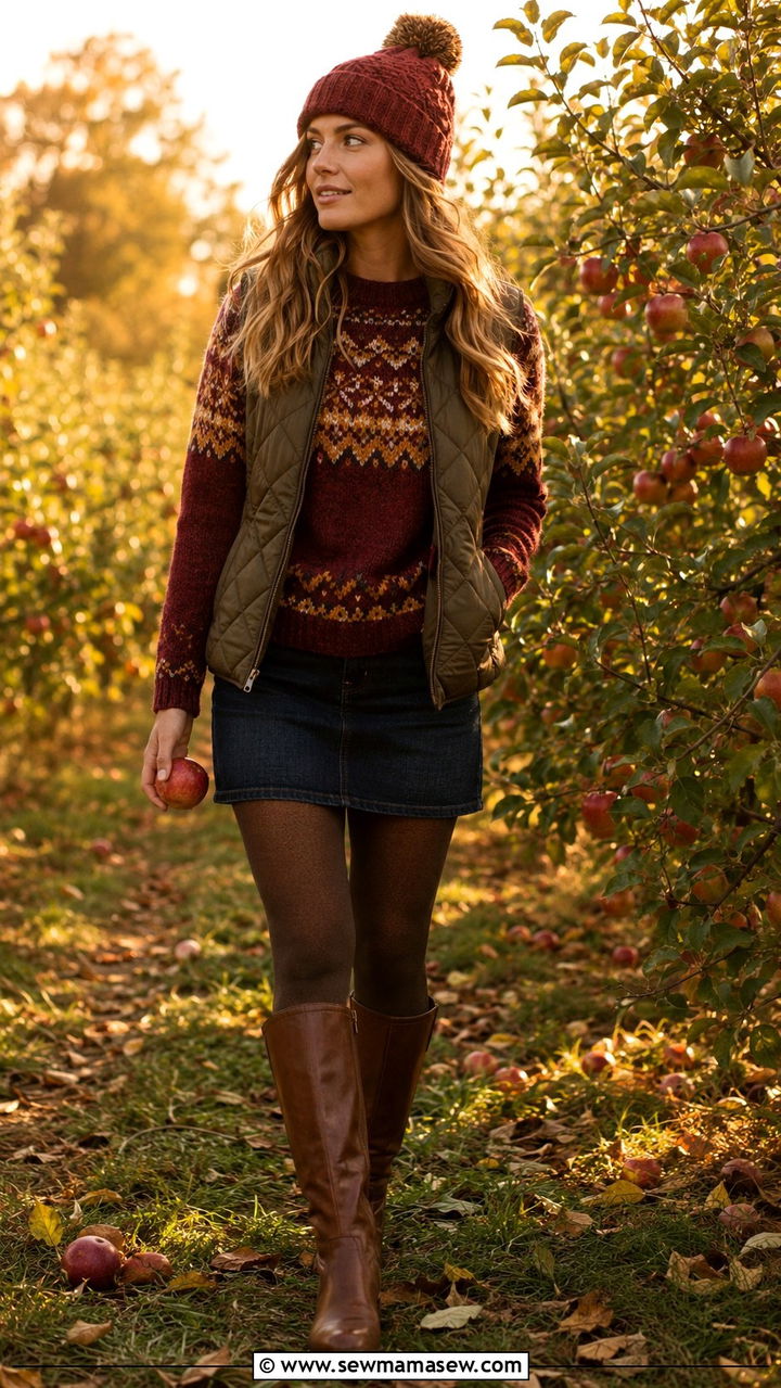 Denim Skirt With Fair Isle Sweater and Riding Boots - 30 Denim skirt outfit ideas with a sweater