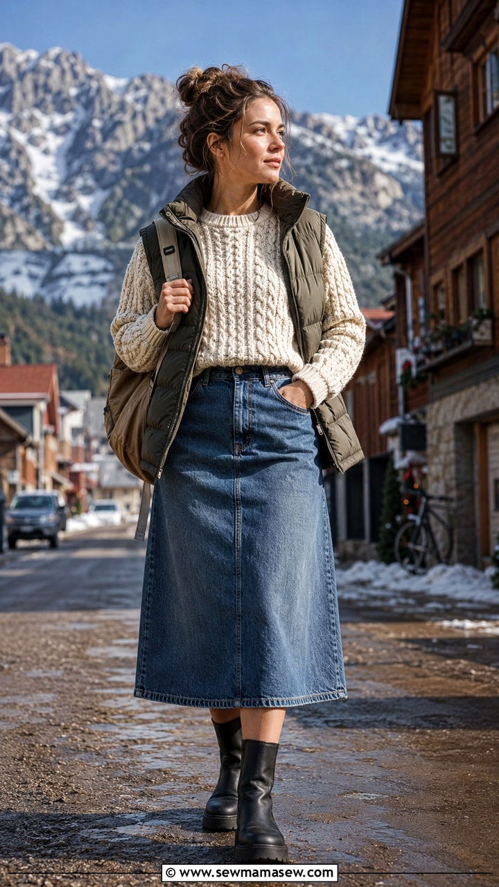 Denim Skirt With Fisherman Sweater and Lug Sole Boots - 30 Denim skirt outfit ideas with a sweater