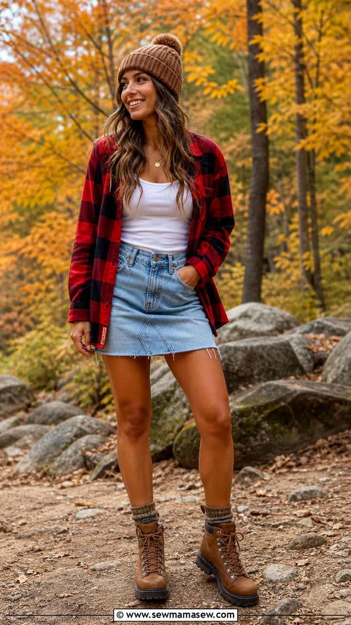 Denim Skirt With Flannel Shirt and Hiking Boots - 40 cute denim skirt outfits