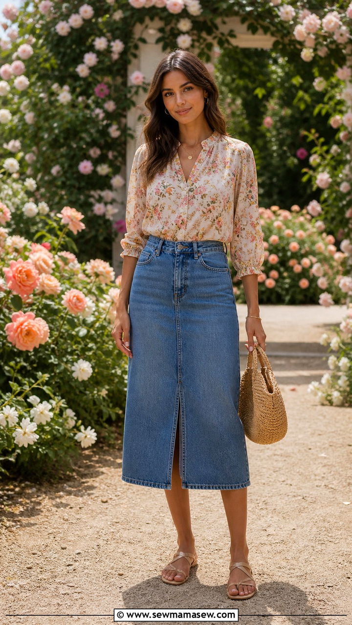 Denim Skirt With Floral Blouse And Sandals - 40 casual denim skirt outfits