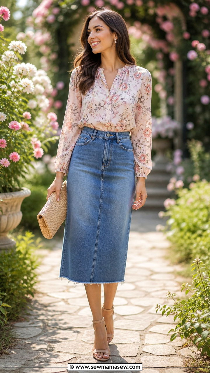 Denim Skirt With Floral Blouse and Strappy Heeled Sandals - 40 cute denim skirt outfits